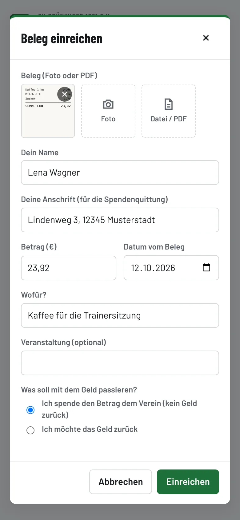 Formular „Beleg einreichen“ auf dem Handy mit Foto, Name, Anschrift, Betrag und Auswahl Spende oder Geld zurück
