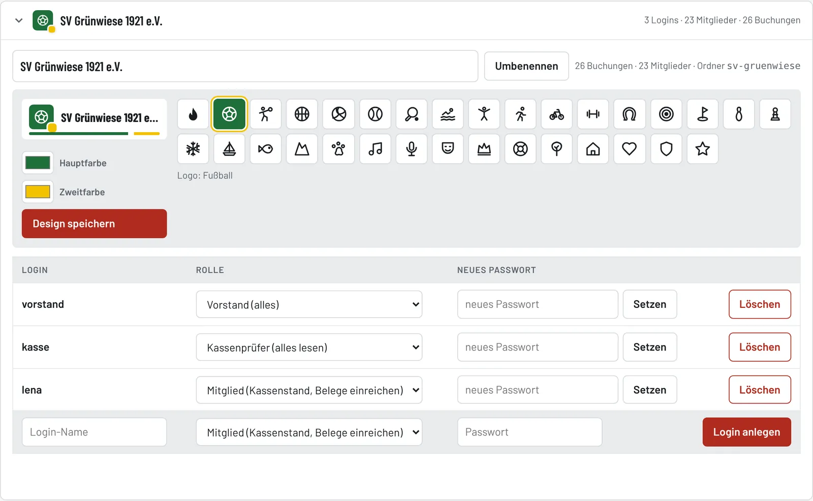 Aufgeklappter Verein: Name, Design und Logins
