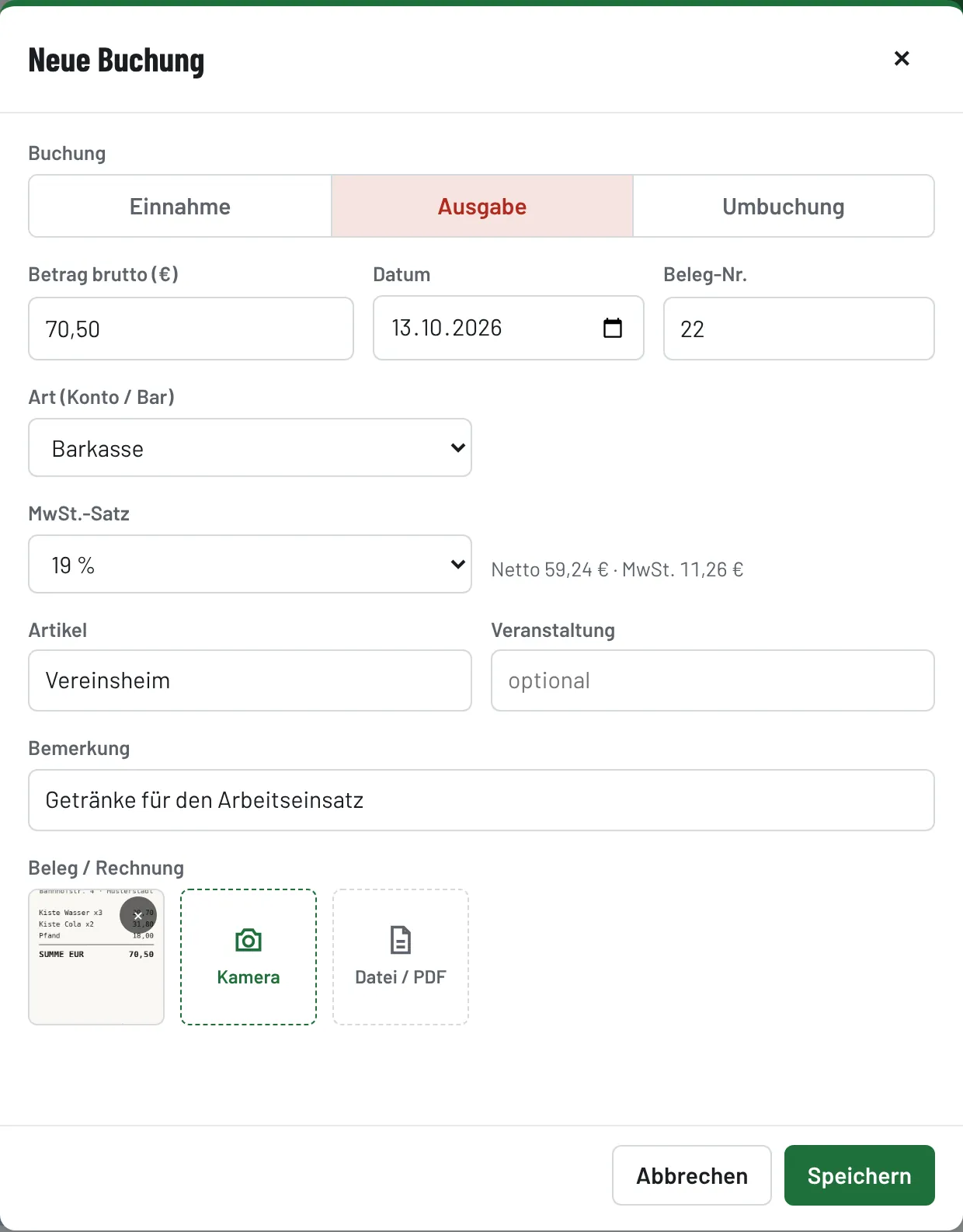 Ausgefüllte Ausgabe mit Belegfoto