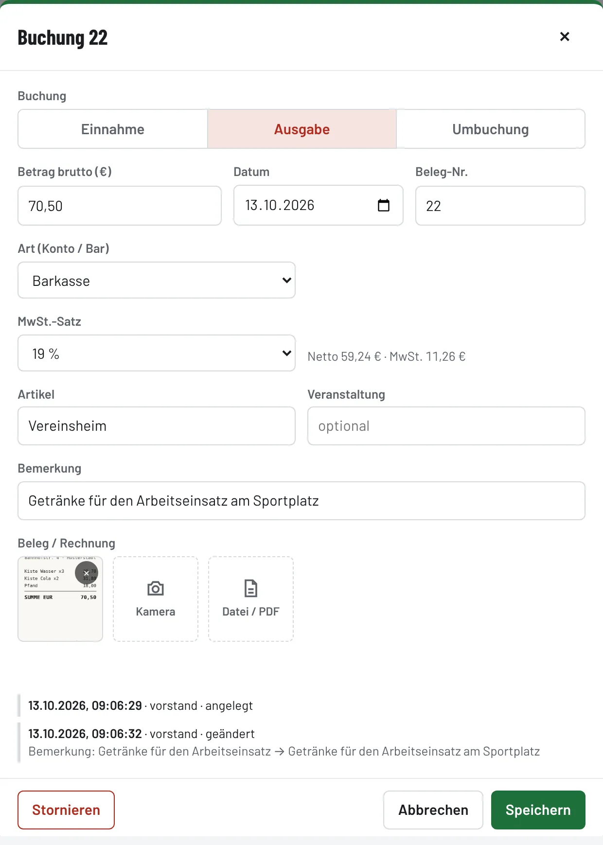 Geöffnete Buchung mit Änderungsverlauf