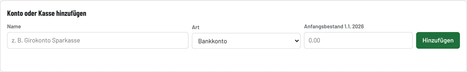 „Konto oder Kasse hinzufügen“ unten im Reiter Bestände
