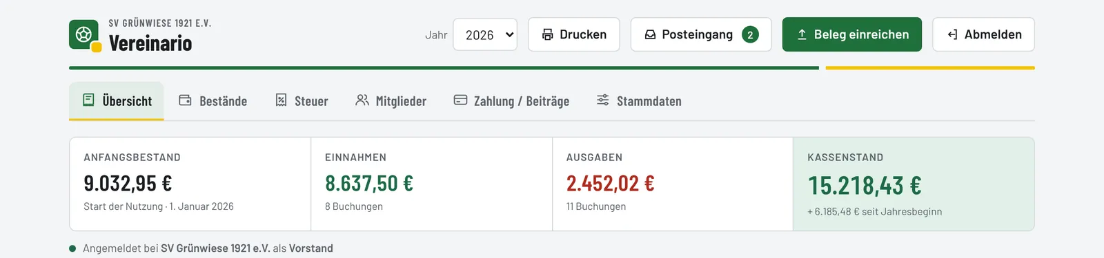 Kopfzeile mit Vereinsname, Jahr, Knöpfen und den Reitern