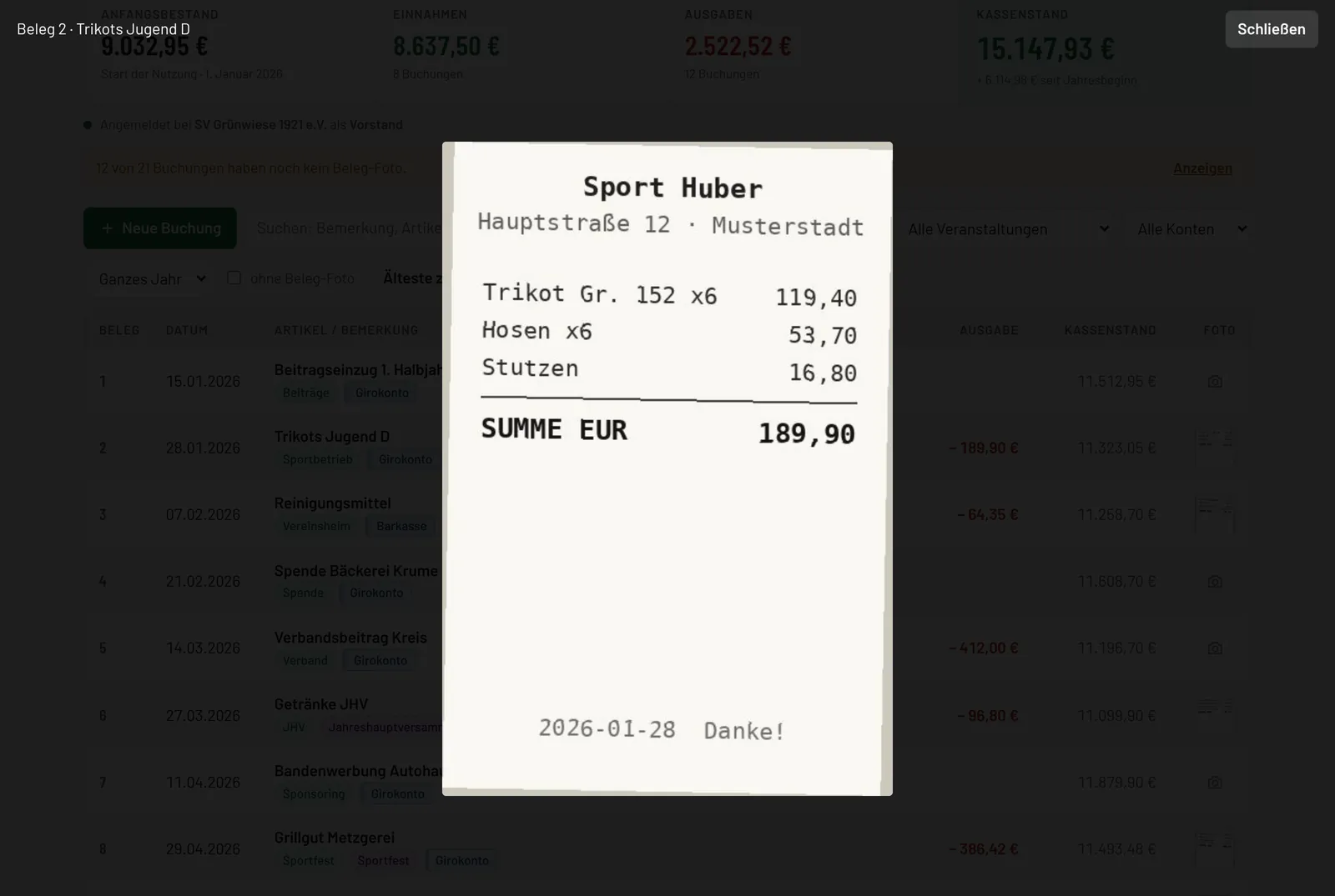 Ein Tipp auf das Vorschaubild öffnet den Beleg groß