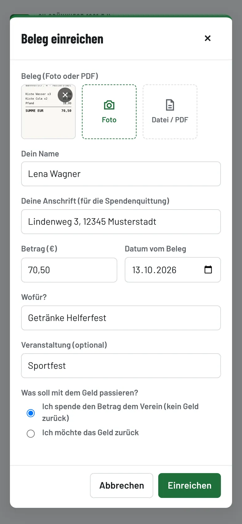Beleg einreichen – als Spende