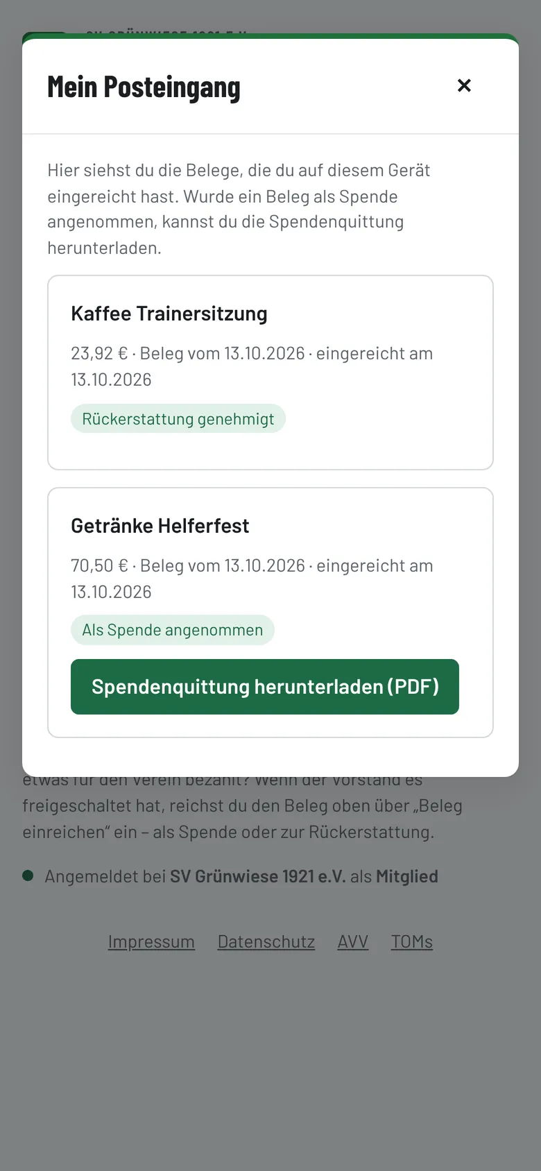 „Mein Posteingang“ mit Status und Spendenquittung