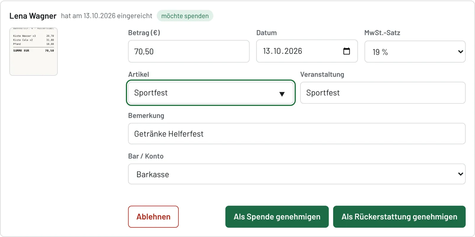 Ein eingereichter Beleg – Angaben ergänzt, bereit zur Freigabe