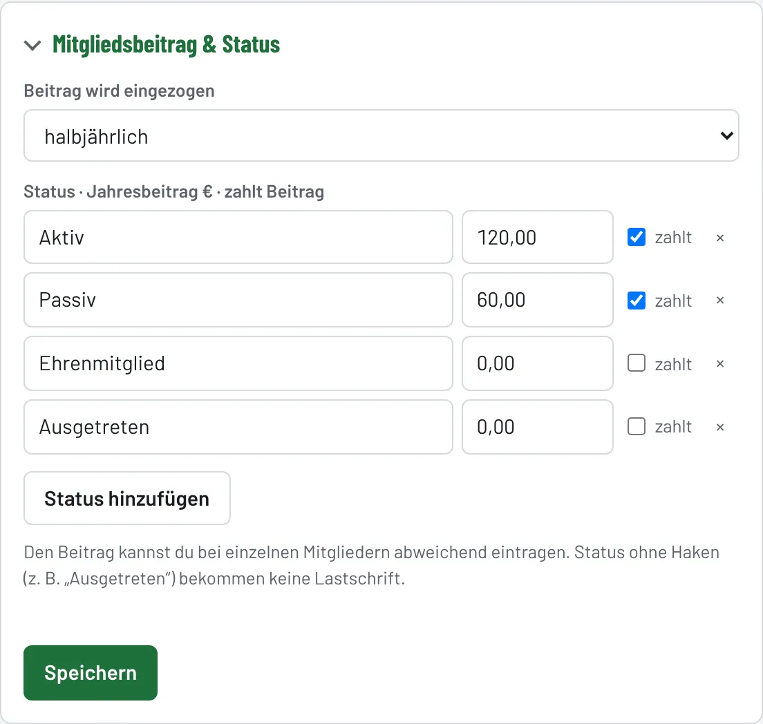 Bereich „Mitgliedsbeitrag & Status“