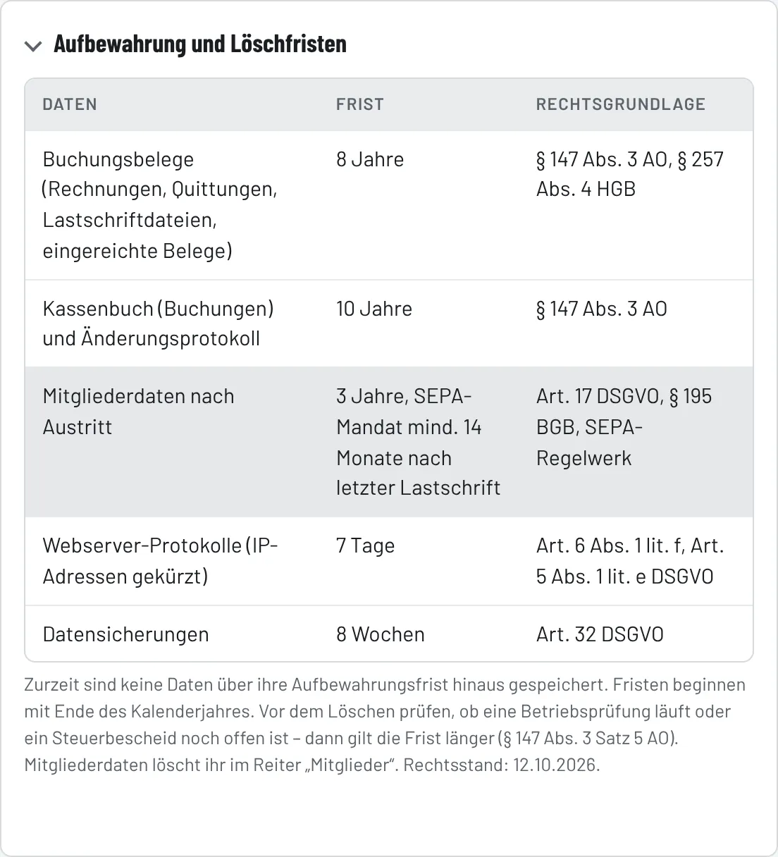 Bereich „Aufbewahrung und Löschfristen“