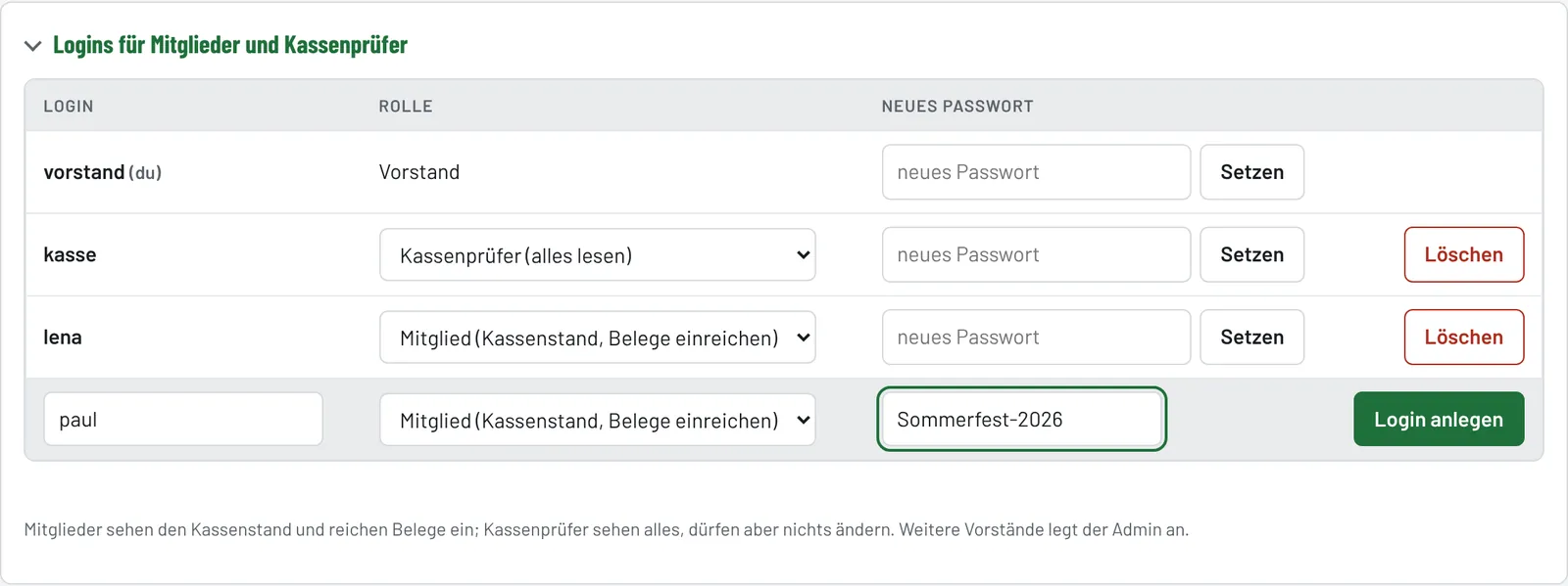 Bereich „Logins“ – unten wird gerade ein neuer Login angelegt