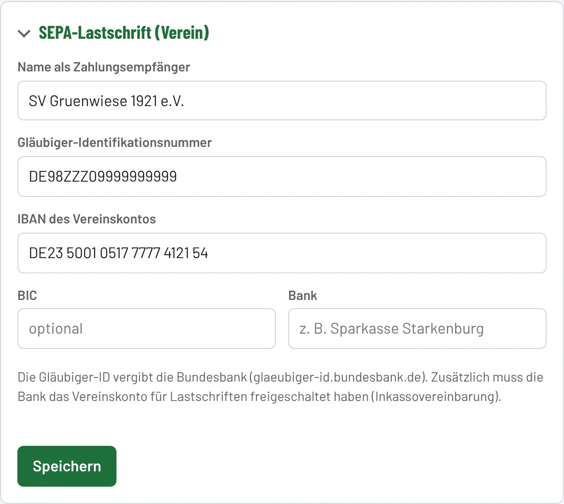 Bereich „SEPA-Lastschrift (Verein)“