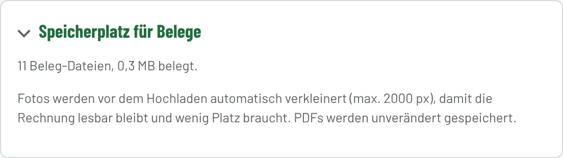 Bereich „Speicherplatz für Belege“
