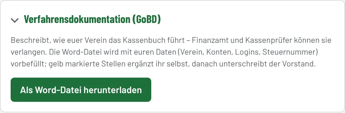 Bereich „Verfahrensdokumentation“