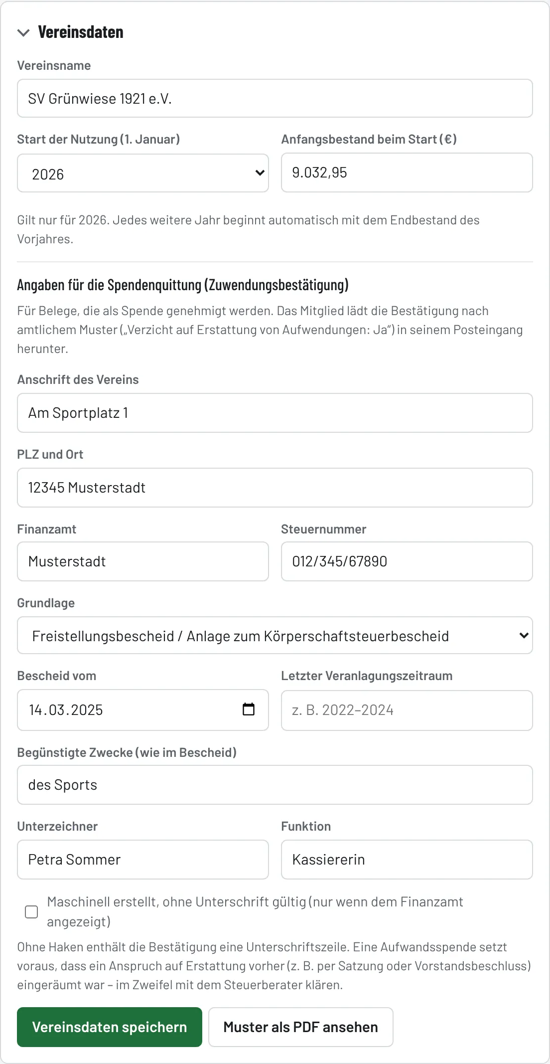 Bereich „Vereinsdaten“