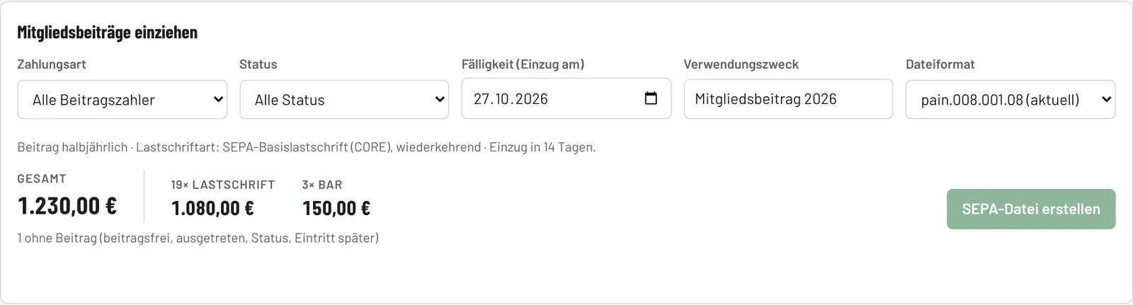 Zahlungsart „Alle Beitragszahler“: Gesamt, Lastschrift und Bar getrennt